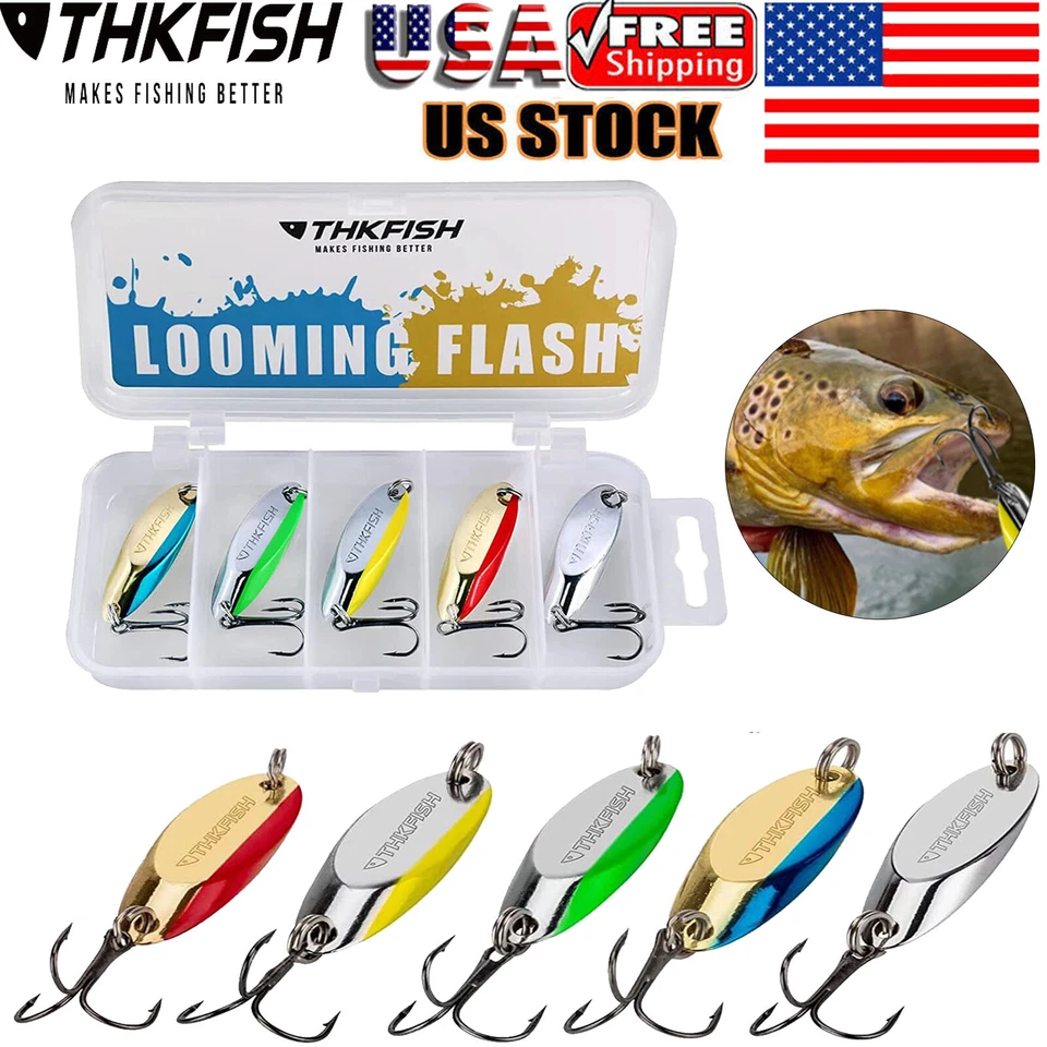 5PCS Fishing Spoons Fishing Lures Casting Spoon Metal Jig Lure Trout Lures US - Image 2 of 4