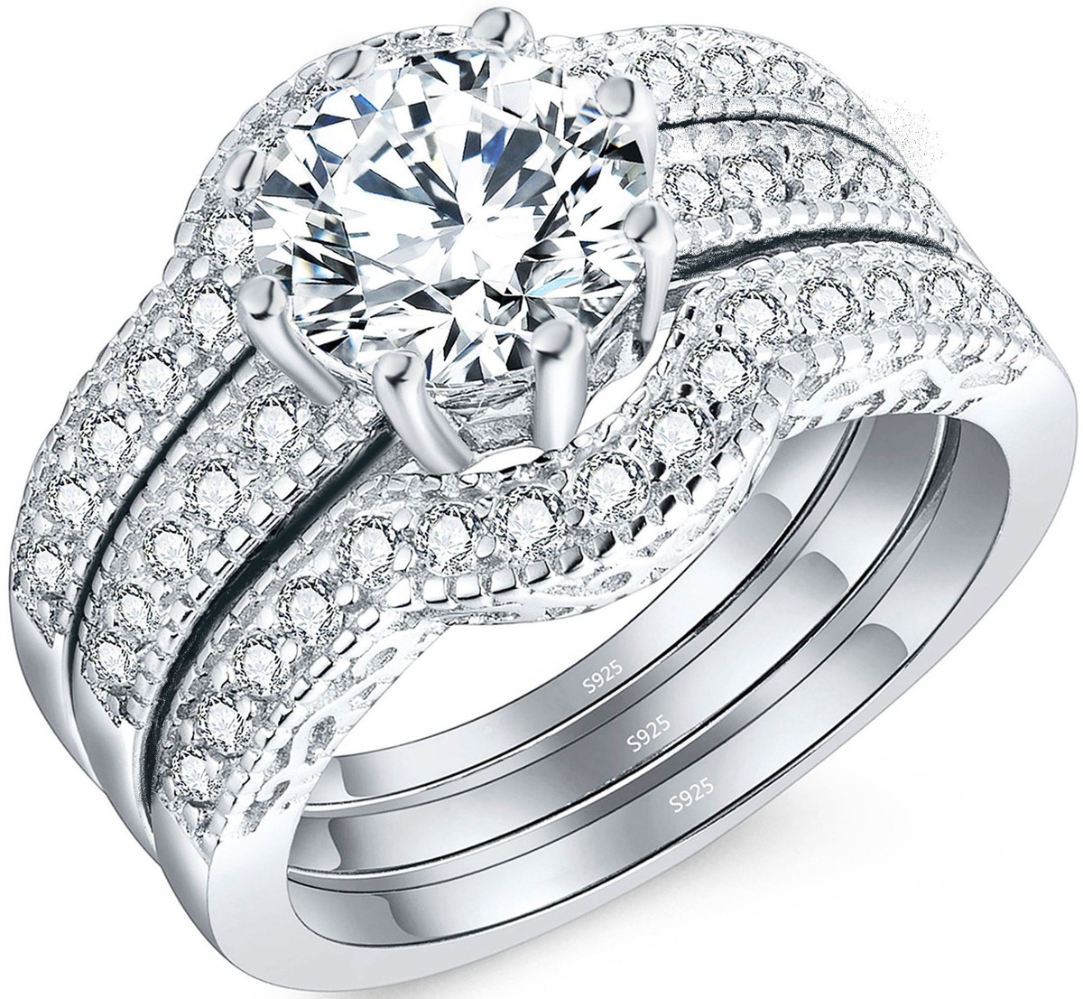 Trio Halo Round CZ Engagement Wedding Ring Set 925 Sterling Silver
