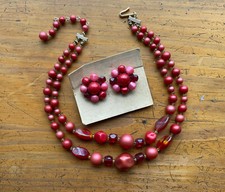 Vintage Japan 2-Strand Faux Pearl Glass Bead Choker Necklace  Clip-Ons - reds