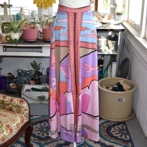 Vintage 70s Aremis Italy Psychedelic Maxi Skirt Surreal Print Landscape Medium
