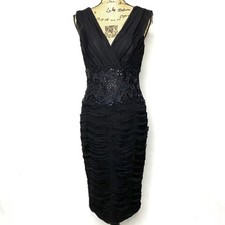 Tadashi Collection Silk Sheath Dress Black Embellished Ruched Sleeveless Midi