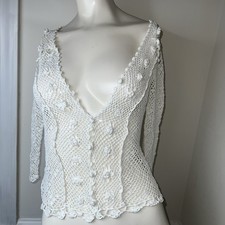 Ann Taylor Crochet Linen/Cotton Blend Cardigan With Buttons Size Small STAINS
