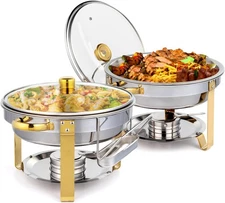 2 Pack 5QT Chafing Dish Buffet Set Stainless Steel Chafers with Glass Lid Gold