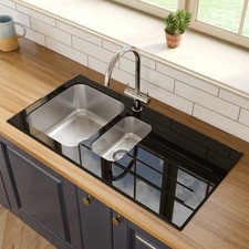 Sinkoro Kitchen Sink 1.5 Bowl Stainless Steel RH Drainer & Black Glass Surround