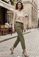 Nili Lotan Green Military Utility Crop Pants Size 6 Frayed Hem Cotton Twill