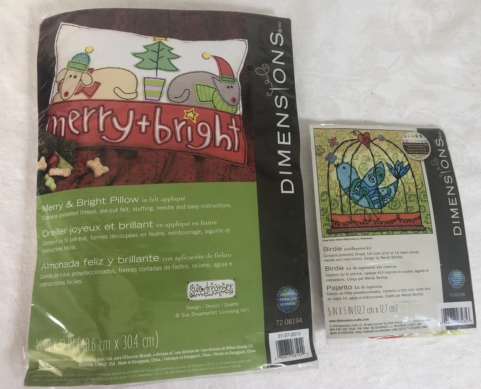Lot Of 2 Dimensions Kits Pillow Merry Bright Holliday Needlepoint Bird Cage Gift - Image 3 of 4