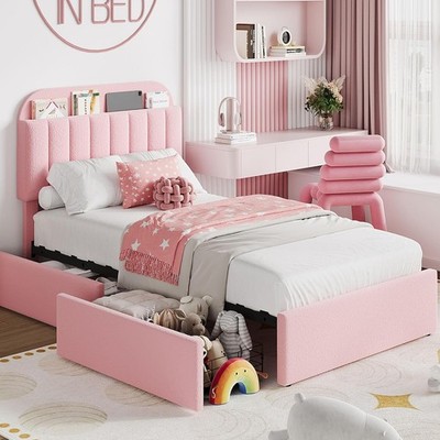 Twin Size Upholstered Bed Frame w/ 2 Drawer & Storage Headboard for Kids/Girls