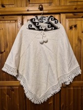 Vintage Wool Poncho Crochet Aztec Collar Pom Pom Fringe