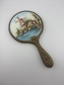 Antique Brass Floral Hand Mirror W/ Porcelain Painted Dutch Windmill Landscape
