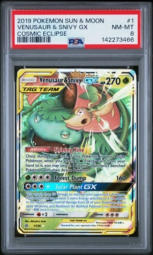 2019 POKEMON SUN & MOON COSMIC ECLIPSE #1 VENUSAUR & SNIVY GX PSA 8