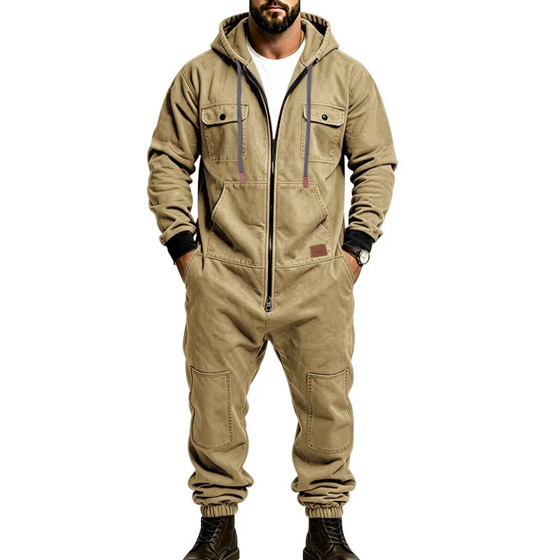 Men's Hooded Cargo Jumpsuit Full Zip Multi Pocket Work Utility Casual One Piece image 1
