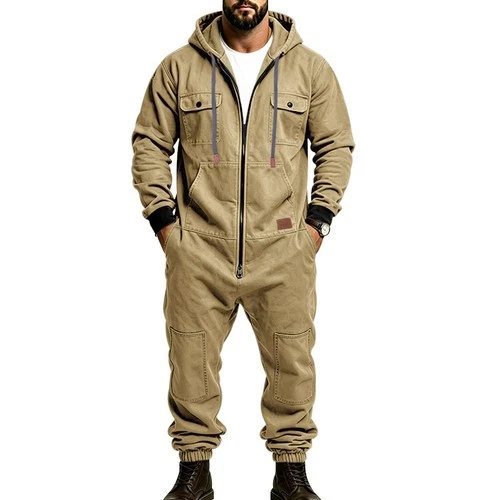 Men's Hooded Cargo Jumpsuit Full Zip Multi Pocket Work Utility Casual One Piece video thumbnail