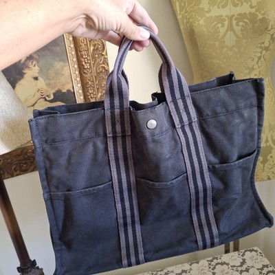 HERMES Fourre Tout Black Gray Canvas Tote Handbag Distressed