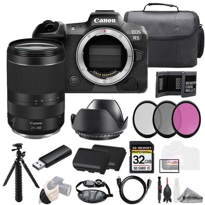 Canon EOS R5 + RF 24-240mm f/4-6.3 IS USM Lens +32GB + Ext Bat+ 3 PC Filter- Kit
