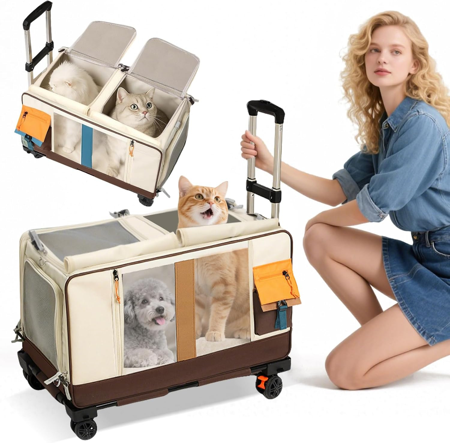 Trasportino Doppio Scomparto per 2 Gatti Con Ruote,Trasportino per 2 Gatto,Piegh