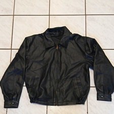 Men's Black Leather Short Jacket Full Zip Point Collar Solid Size L Regular