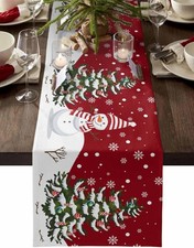 Christmas Table Runner - Cotton Linen 36 Inches Snowman Rustic Red Snowflake