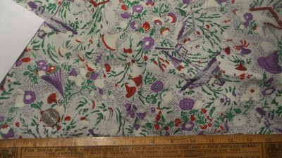 Vintage Rayon Crepe Fabric PURPLE, RED, GRAY FLORAL SCENE 2 Yds/44'' Wide