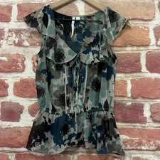 LC Lauren Conrad Top Womens XS Multicolor Abstract Ruffle Scoop Neck Sheer Shirt