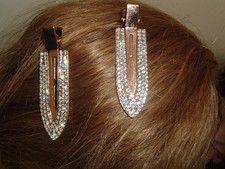 Pair White Rhinestone Golden 2.5" Hair Clips NWT