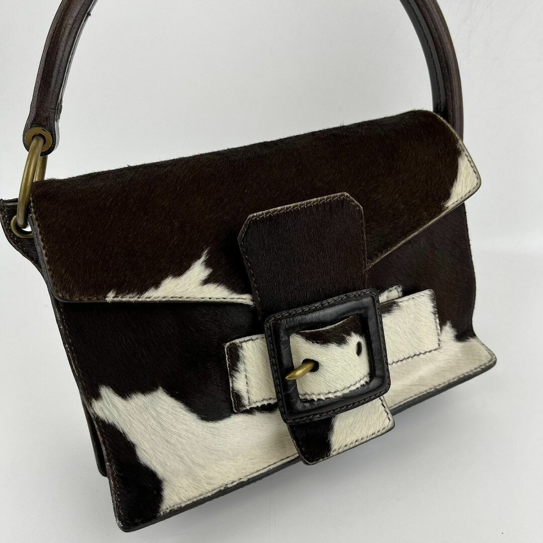 Miu Miu Harako Leather Shoulder Bag Brown White Animal Print