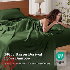 KRIMANO Queen Bamboo Sheet Set 4pc Olive Luxury Cooling 17" Pocket