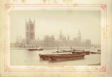 Thames boats at Houses of Parliament, London.  Rare 1880s albumen photograph