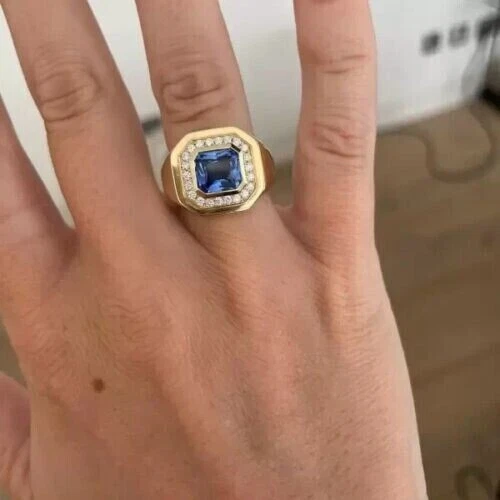 Anillo de compromiso de oro amarillo de 14 k con diamantes y zafiros naturales Asscher de 2,25 quilates para hombre Foto 3 de 4