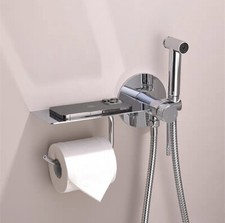 Luxury Chrome Brass Bidet Sprayer Handheld w/Toilet Paper Holder Mixer Faucet