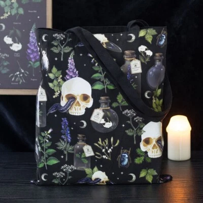 SPIRIT OF EQUINOX Venom & Vines Gothic Black Long Handle Polycotton Canvas Tote Shopping Bag