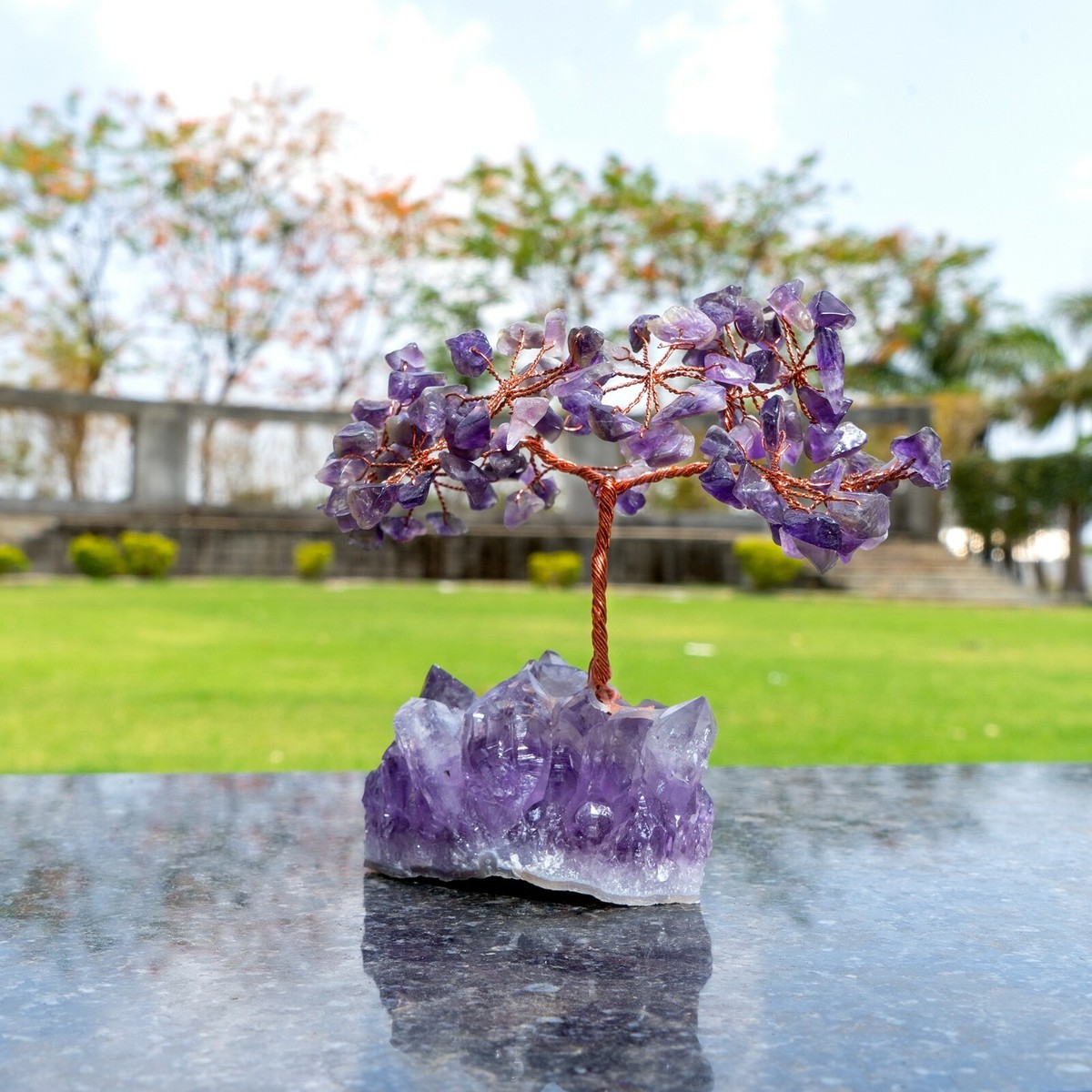 Amethyst Gemstone Money Tree with Natural Amethyst Cluster Base