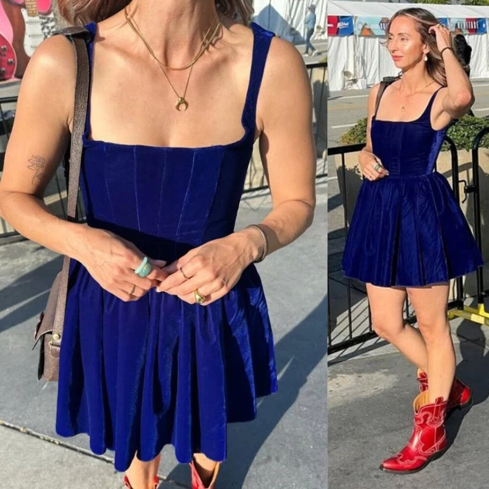 Silvia Astore Annie Ibiza Velvet Navy Blue Corset Square Neck Mini Dress IT 38/0 - Image 2 of 4