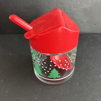 Gemco Christmas Holiday Glass Sugar Bowl , Red Plastic Lid, Spoon, Vintage