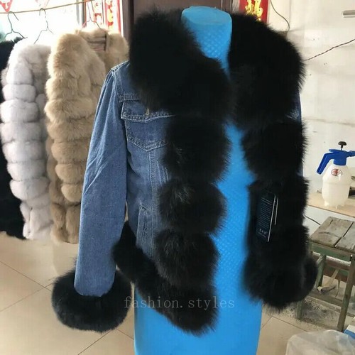 Women's Real Natural Fox Fur Denim Jacket, Parker Clothing, Rabbit Fur Lining - Bild 7 von 36