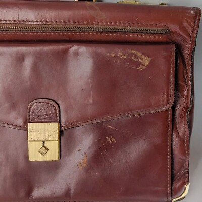 Vtg Amiiet Swiss Mahogany Leather Attache Briefcase Satchel Bag