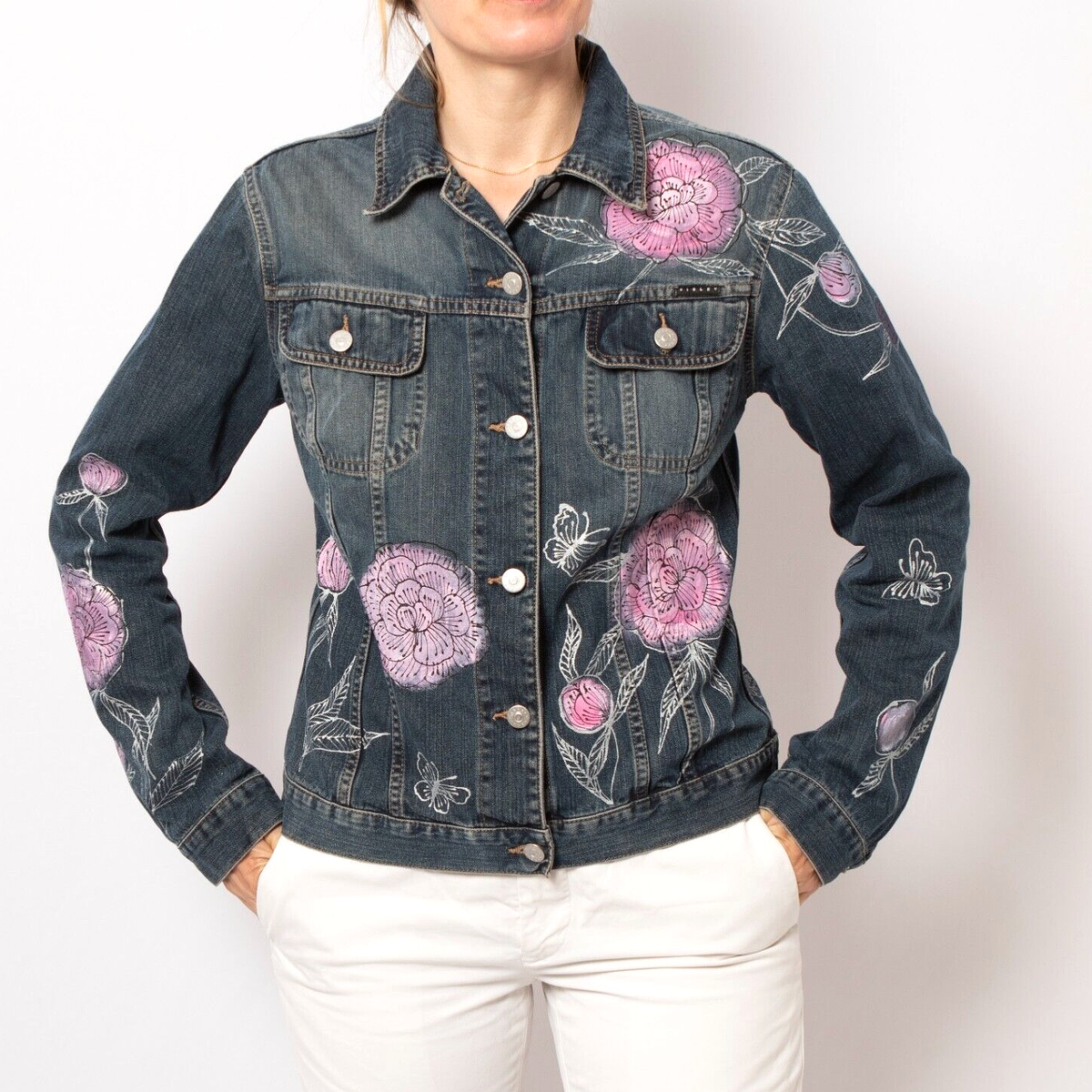 Hand Painted Upcycled Womens Denim Jacket Floral Peony Print