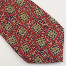 Gitman Brothers Red Gold Green Square Medallions Motif Tie 58"x3.5" Ornate Vines