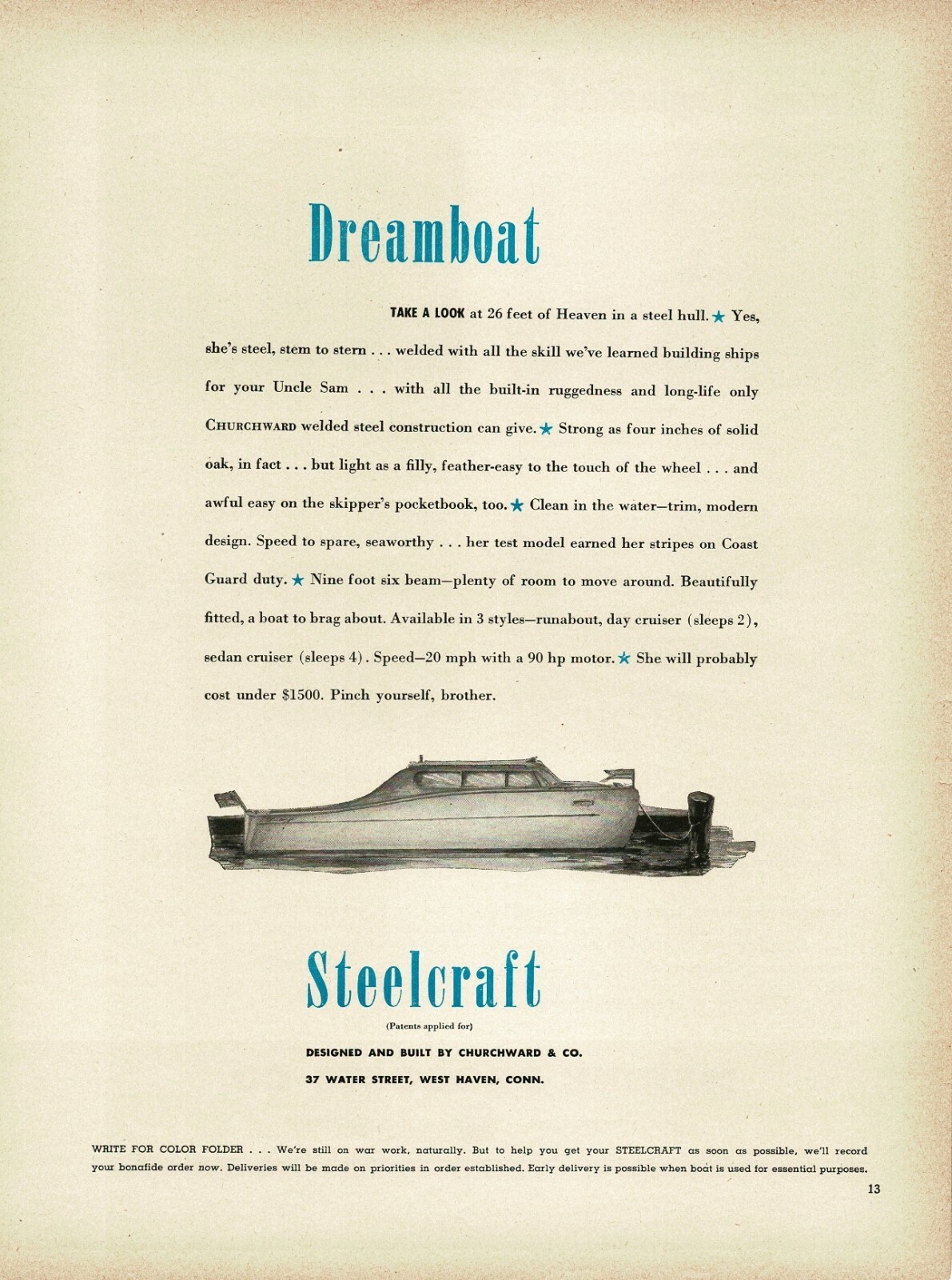 1945 Churchward & Co. STEELCRAFT Pleasure Runabout boat Vintage Print