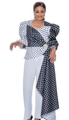 Dorinda Clark -Cole Hi-Lo Jacket Pants Suit Polka Dot Print Puff Sleeves