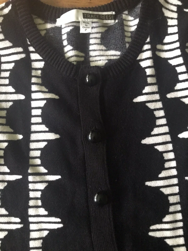 Cárdigan Suéter Tracy Reese Mujer Negro Blanco Tejido Geométrico Talla Pequeña Recortado Foto 3 de 4