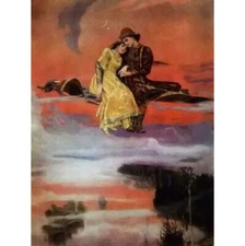 Oil painting Romantic lovers on flying carpets landscape Handmade on canvas 36"
