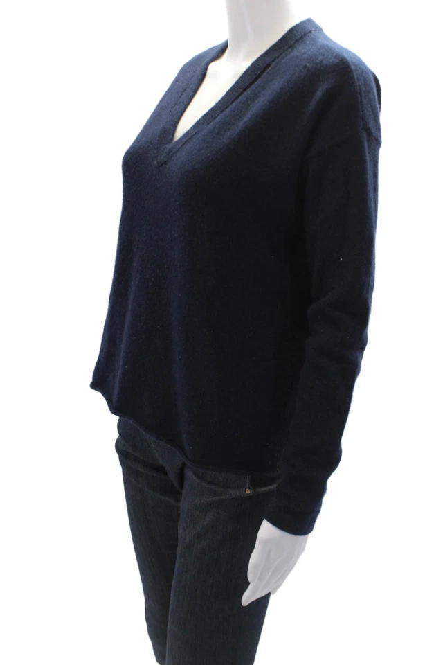 Suéter de cachemir Minnie Rose para mujer manga larga recortado cuello en V azul marino talla XS Foto 2 de 4