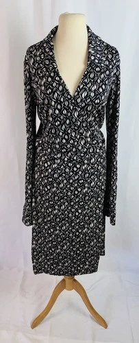 Vintage Diane Von Furstenberg Cream Black 100% Silk Wrap Women’s Dress Size UK18