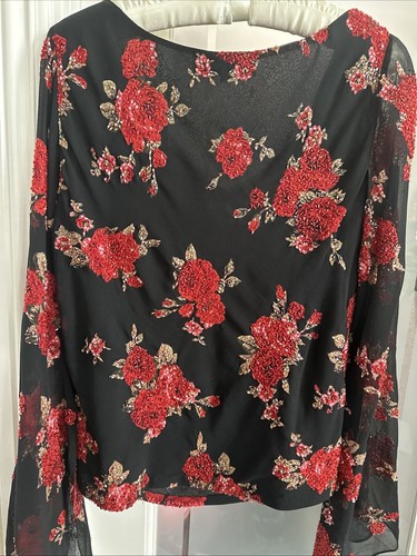 JKARA Black W/Red Floral Beaded Blouse Sz L Evening Wear New York - Picture 5 of 6