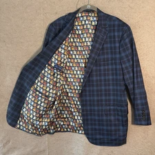 Tom James Holland Sherry Blazer Mens 46R Bespoke Blue Wool Plaid Guitar Print