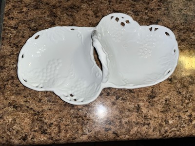 White Porcelain Double Heart Reticulated Embossed Grape 10'' Candy Dish Handle