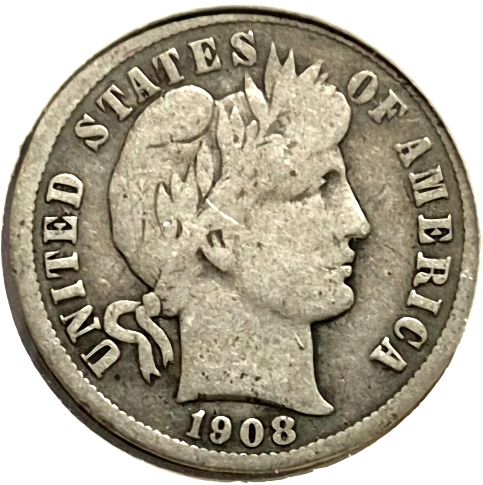 😲"OFFSET STRIKE ERROR" 1908 Barber Dime 90% Silver VG-F Features & CCW Rotation - Image 2 of 4