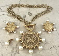 VTG Kenneth Jay Lane KJL Avon Medallion Maltese Cross Pin Earrings Necklace Set