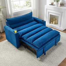 Blue Velvet 3-in-1 Convertible Sofa Bed Sleeper Loveseat w/ Adjustable Back