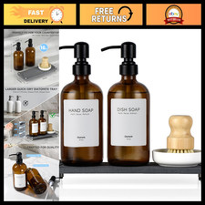 2 Pack Amber Glass Soap Dispenser Set - 16oz with Stainless Steel Pump  Tray, R